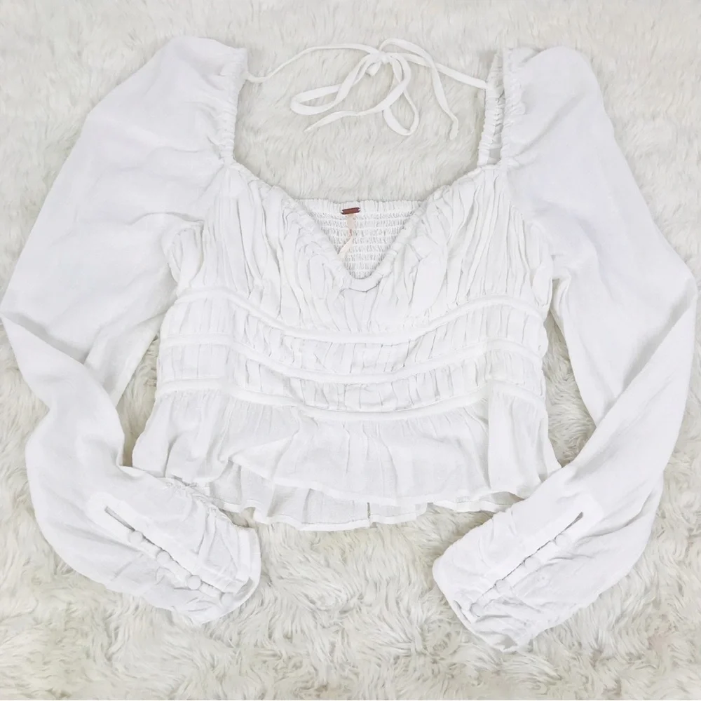 Free People Ivory Smocked Peplum Long Sleeve Blouse